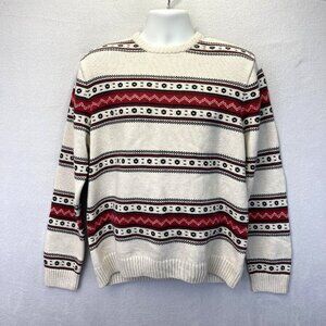 Chaps Fair‎ Isle Holiday Sweater Mens Large Cream Cotton Crewneck Red Black Knit